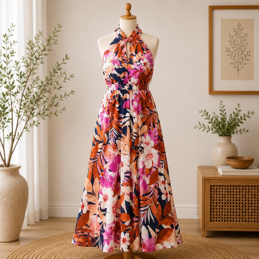 NWT Maggy London Halter Midi Dress Womens 18 Pink‎ Navy Tropical Floral V-Neck